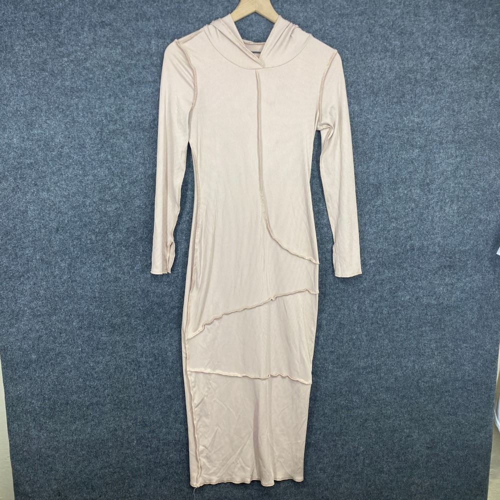SHEIN Womens Tan Ribbed Hooded Bodycon Maxi Dress Deconstructed Seam Small